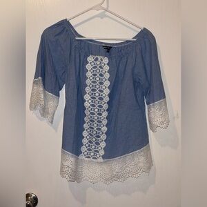 Unique Spectrum off-shoulder denim blue blouse with white lace trim details